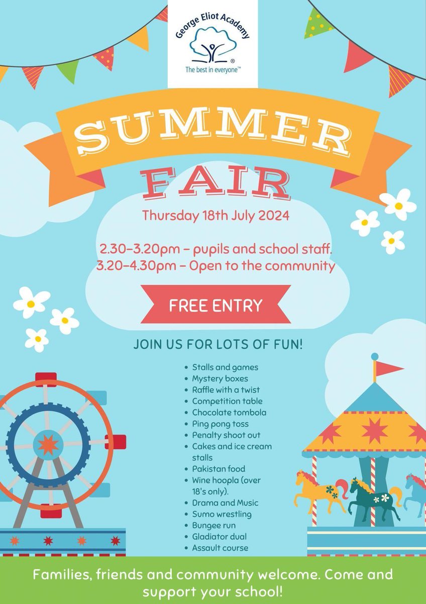GeorgeEliotAcad's tweet photo. Preparations are under way for our Summer Fair on Thursday 18th July. The whole staff and school body are involved, this is going to be a wonderful event with homemade food and gifts, games, inflatables and much much more! https://t.co/WLZp9HDmtP
