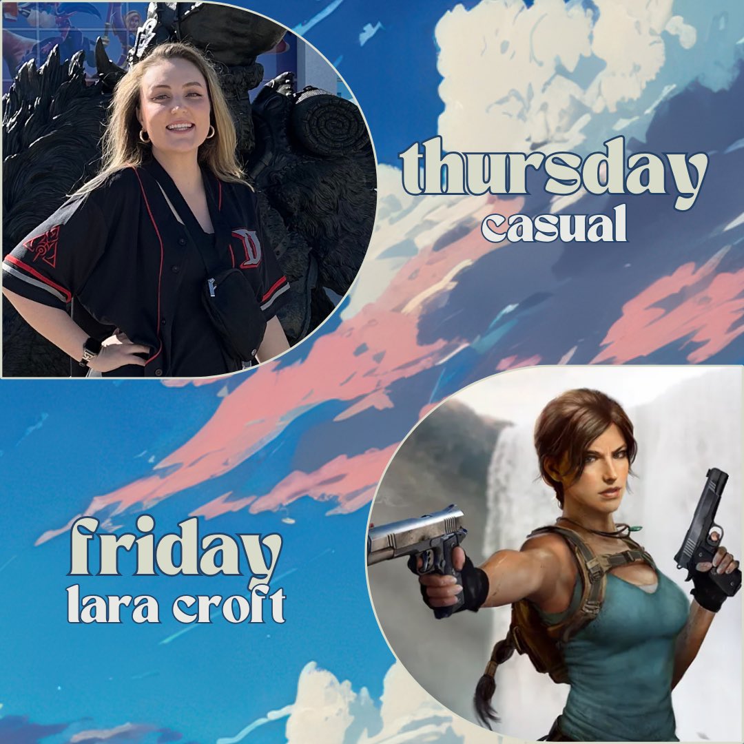 llunarayy's tweet photo. It’s that time again!! ✨ Can’t wait to see all the con friends at #sdcc2024 😊

COSPLAY LINEUP:
- Thursday: Casual 🌙
- Friday: Lara Croft 🌴
- Saturday: Femme Halsin 🐻 
- Sunday: Pike Trickfoot 😇 

See you soon! https://t.co/lSYo3WYGq1