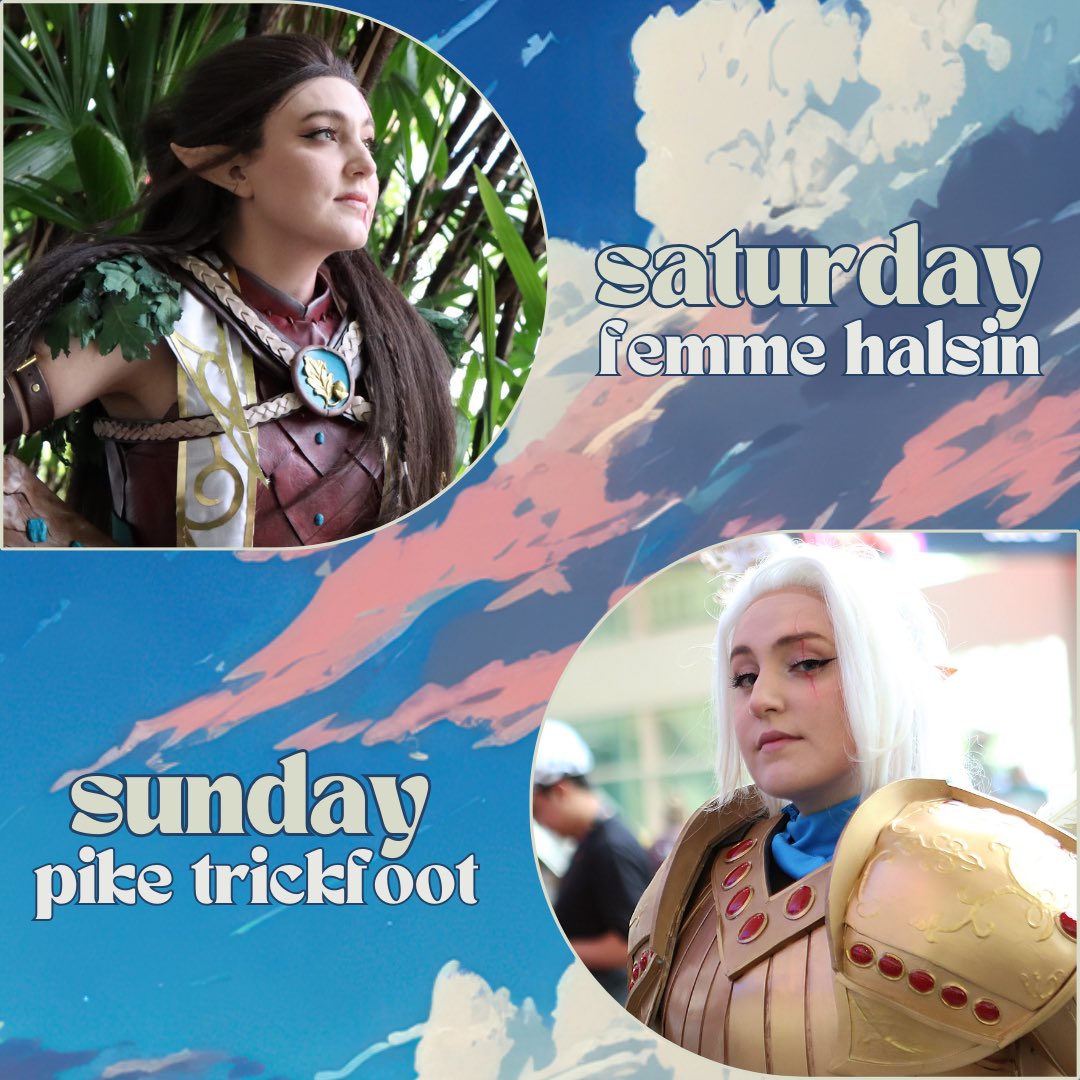 llunarayy's tweet photo. It’s that time again!! ✨ Can’t wait to see all the con friends at #sdcc2024 😊

COSPLAY LINEUP:
- Thursday: Casual 🌙
- Friday: Lara Croft 🌴
- Saturday: Femme Halsin 🐻 
- Sunday: Pike Trickfoot 😇 

See you soon! https://t.co/lSYo3WYGq1