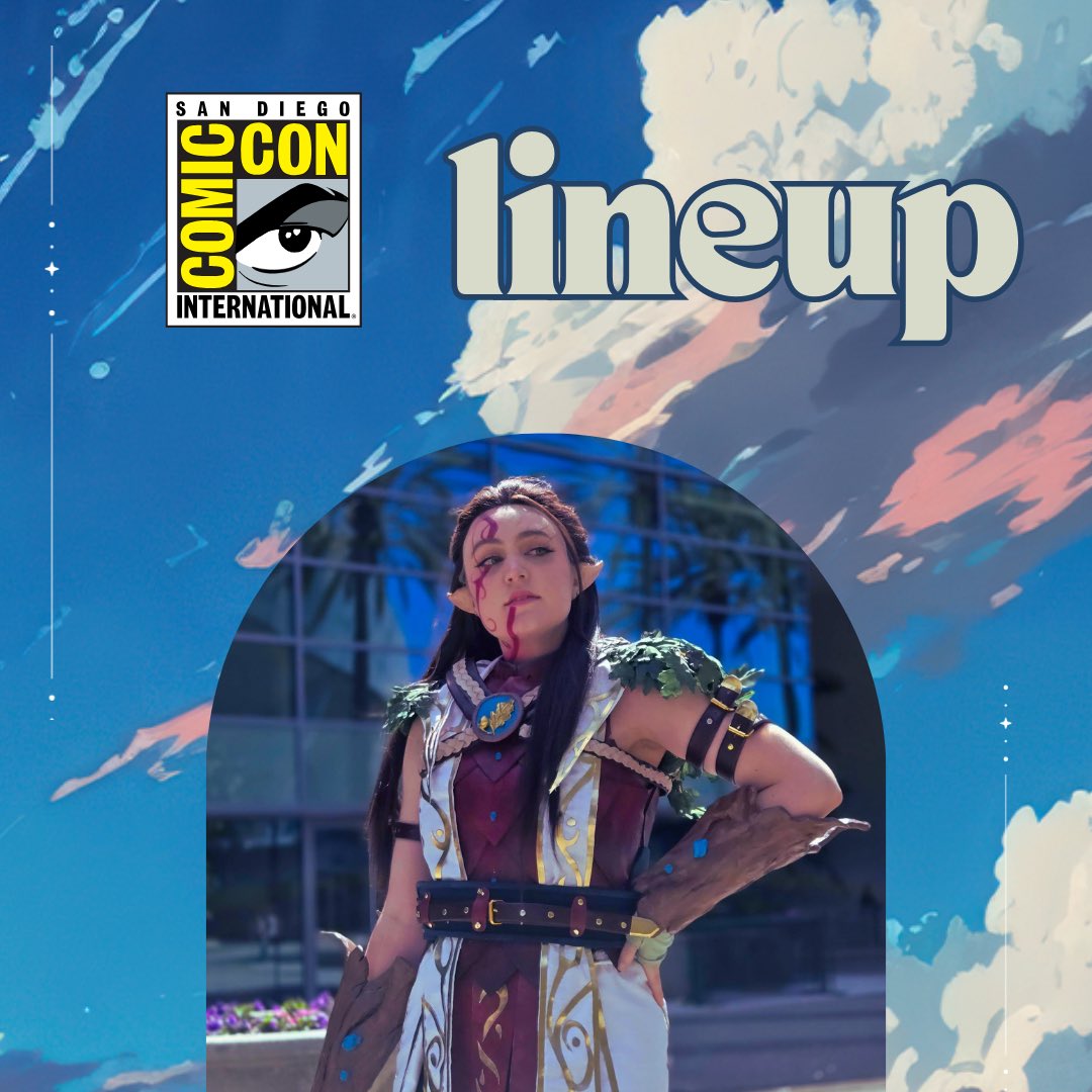 llunarayy's tweet photo. It’s that time again!! ✨ Can’t wait to see all the con friends at #sdcc2024 😊

COSPLAY LINEUP:
- Thursday: Casual 🌙
- Friday: Lara Croft 🌴
- Saturday: Femme Halsin 🐻 
- Sunday: Pike Trickfoot 😇 

See you soon! https://t.co/lSYo3WYGq1