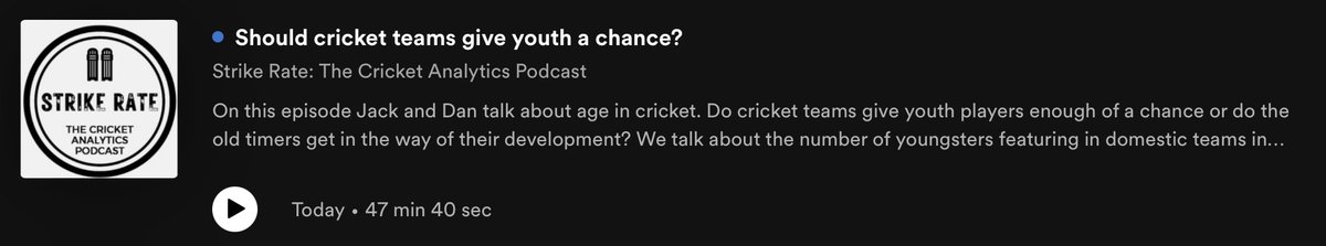 Episode 19 of Strike Rate: The Cricket Analytics Podcast  is here.

Myself and <a href="/JackHope0/">Jack Hope (@thecricketpod)</a> talk about how giving younger players greater opportunities should be considered more by cricket teams, and why they are blocked by senior players.

Available at all good podcast providers!