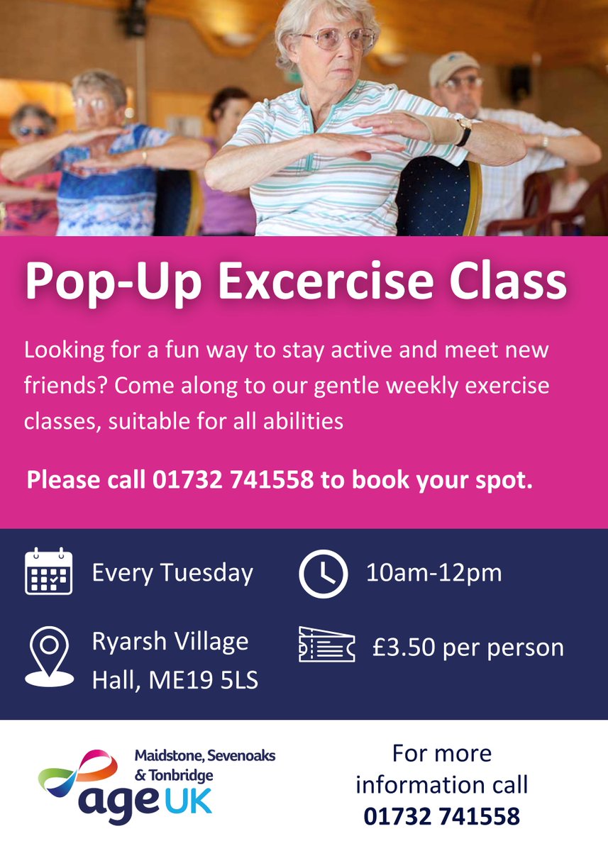 ageukmst's tweet image. Looking for a fun way to stay active and meet new friends? Come along to our gentle weekly exercise classes, suitable for all abilities.

Just £3.50 per person, call 01732 741558 to book your spot.