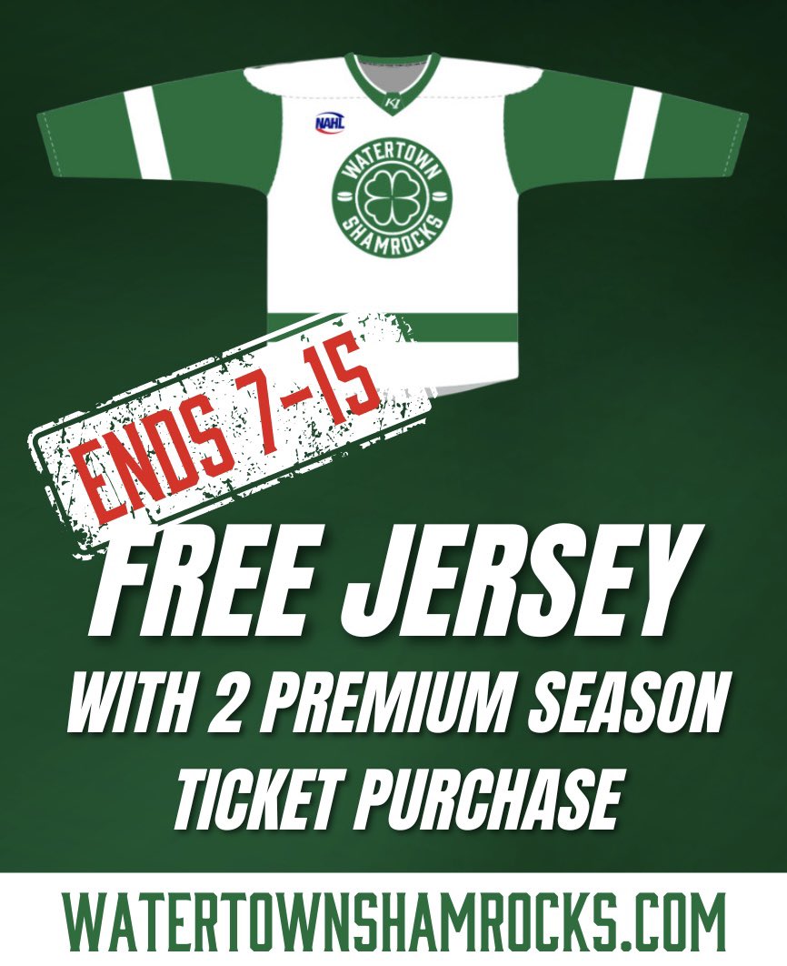 ShamrocksNAHL's tweet photo. 🍀REPLICA JERSEY PROMOTION ENDING SOON! 

Shamrock Fans! The FREE Replica Jersey Promotion that comes with the purchase of two Premium Season Tickets will be ending this Monday 7-15 at 5PM! Make sure to grab your season tickets before the clock runs out! 

#puckluck☘️ https://t.co/6pM7YmjZks