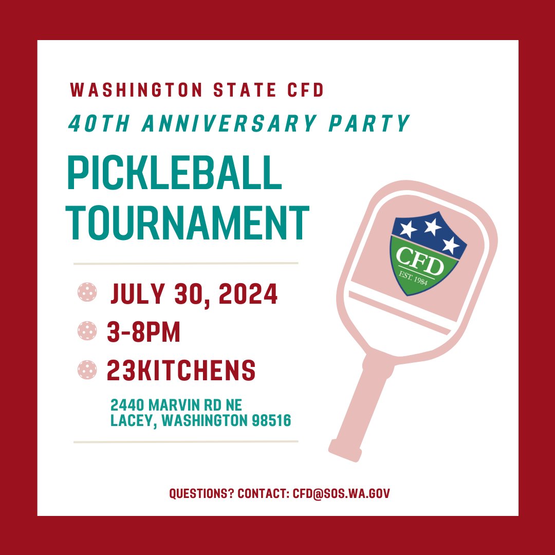 Celebrate our 40th anniversary with us at our pickleball tournament party! All (who love the CFD) are welcomed to come play, watch the tournaments, or just hang out with us🙂

For more info about the event and how you can sign up to play, click here: give.wa.gov/cfd/2024-cfd-p…
