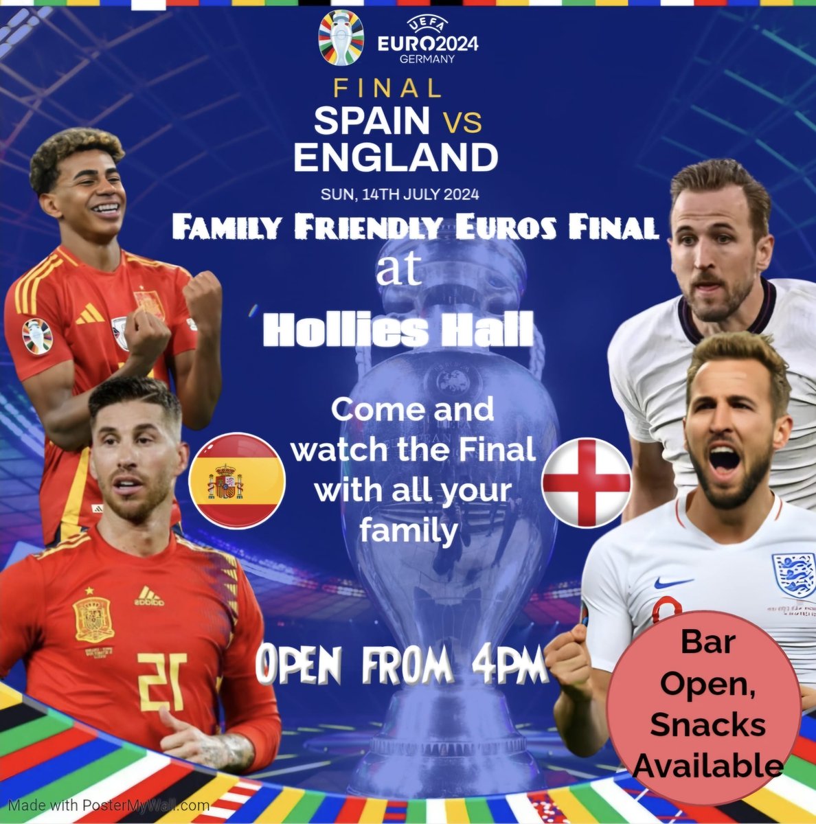 Hollies Hall will be open this Sunday from 4pm to show the Live Euros 2024 final. Come and join us with all your family to hopefully watch England lift the Trophy.
#ItsComingHome #EUROS2024