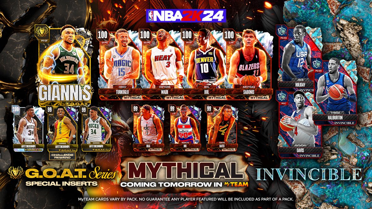 NBA2KMyTEAM's tweet photo. Mythical drops tomorrow in MyTEAM! 🤯  

Learn more in the MyTEAM Playbook: https://t.co/wEovPSPrKD 

Look for G.O.A.T. Series inserts &amp; more!
🇺🇸 Invincible Jrue Holiday
🇺🇸 Invincible Tyrese Haliburton
🇺🇸 Invincible Anthony Davis
💯 OVR Hedo Turkoglu
💯 OVR Dwyane Wade
💯 Bol Bol https://t.co/o6896CqWkx