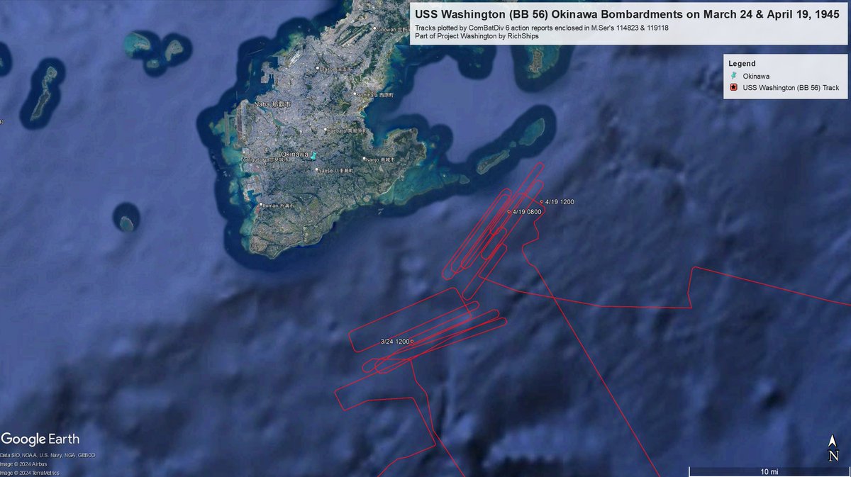 Rich_Ships's tweet photo. USS Washington (BB 56) Okinawa Bombardments on March 24 & April 19, 1945
Course now matches the exact tracks from her action reports
These 2 come from ComBatDiv 6 (RADM Cooley) aboard #BB56 at the time. VADM Lee was ComBatRon 2 in USS South Dakota (BB 57)
At sea for 80 days during this period
USS North Carolina (BB 55) was also in CBD6 for both Okinawa bombardments
Load in 4K
#USSNorthCarolina #BB55 #USSWashington