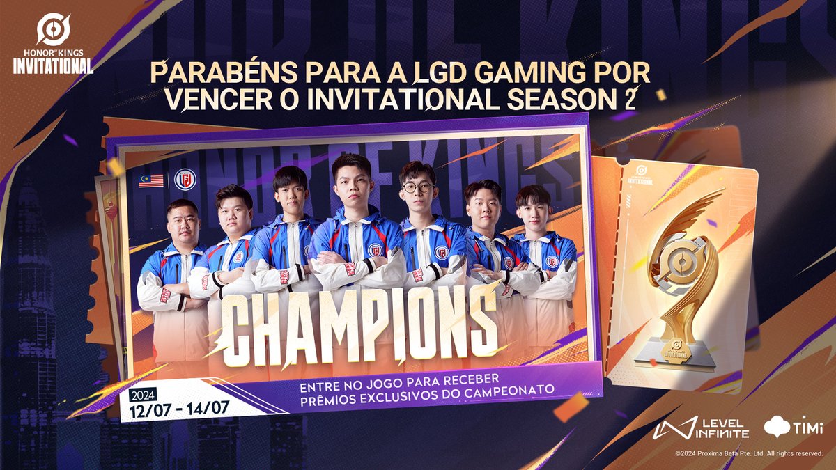 HoK_BR's tweet photo. 🎊 Parabéns à LGD GAMING por vencer o campeonato Honor of Kings #InvitationalS2 de 2024!
Não perca as recompensas e ofertas incríveis da celebração de vitória! Faça login a partir de amanhã garantir!
#HonorofKings #HonorofKingsBR #HOKInvitationalS2 #HOKS2 #HOKInvitational https://t.co/wfj1PHcRxw