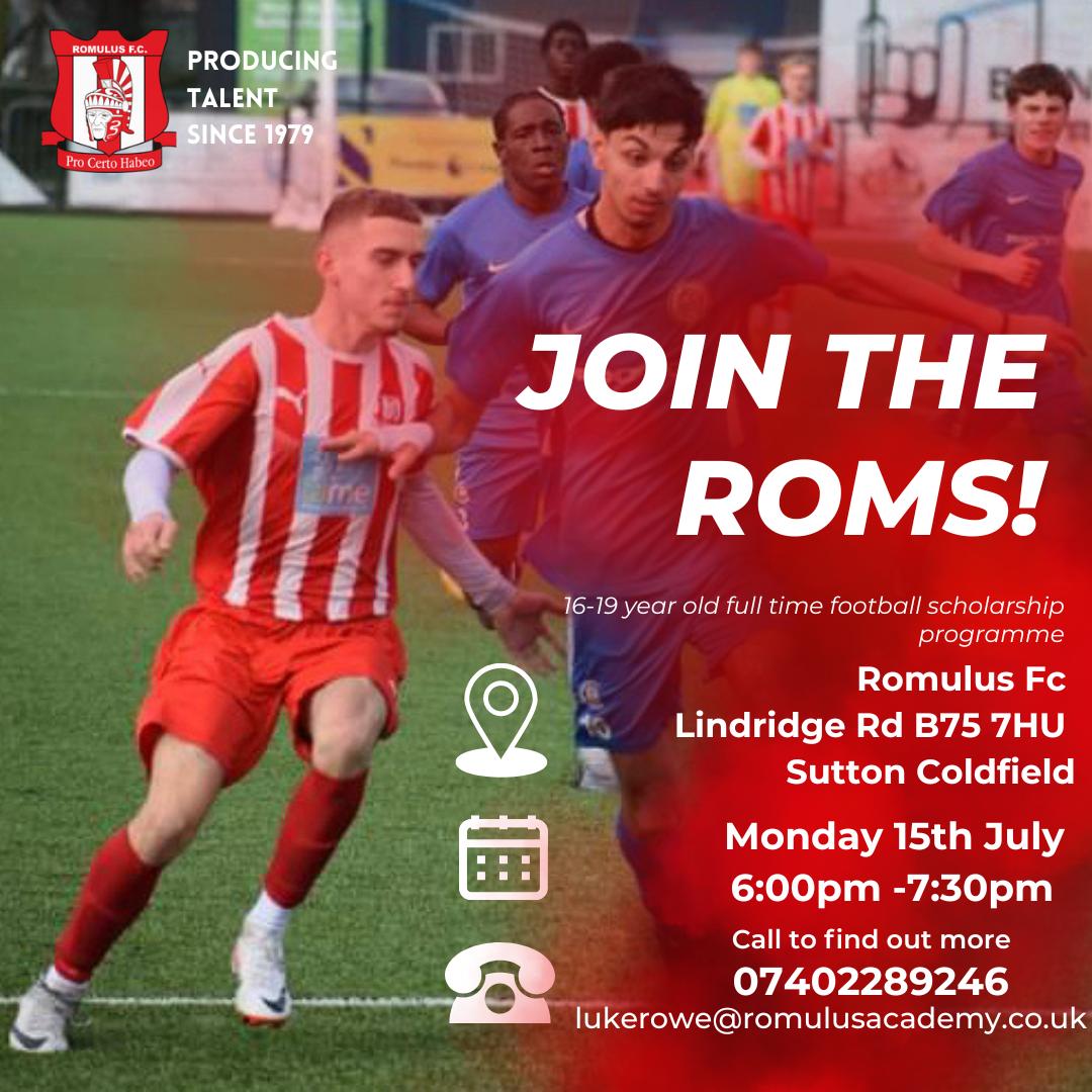 Romulus_fc's tweet photo. Romulus Full Time Football Education Programme Open Trial

*SCHOOL LEAVERS (16-19 Year Olds)*

Monday 15th July 
6pm - 7:30pm 
Grass 

Romulus FC Academy Training Ground, 
Lindridge Road, 
Sutton Coldfield, 
B75 7HU 

Please bring friends if you have anyone interested in joining, https://t.co/pgbwPziy5T