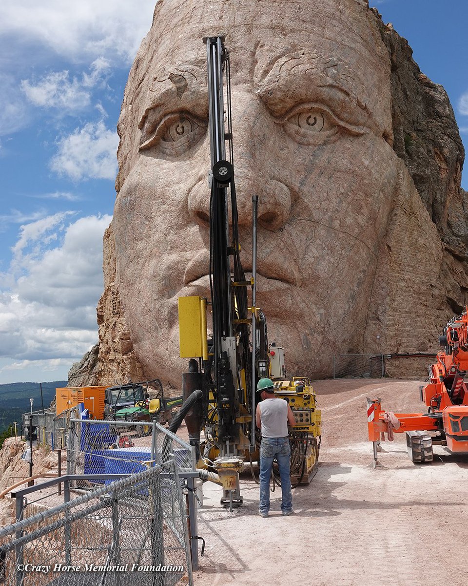 ICYMI: The Mountain Crew has been drilling with a machine-mounted drill on Crazy Horse's outstretched Arm. Once the planned series of holes are prepared, Carvers will insert stainless steel dowels to add extra support, ensuring the Carving will last millennia. #MountainMonday