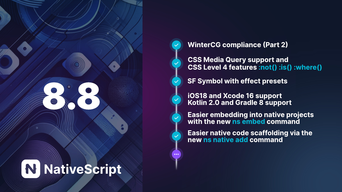 NativeScript's tweet image. It&apos;s true! 💫 8.8 Released

- CSS Media Queries
- SF Symbols w/ effects
- Xcode 16, iOS 18 Types (w/ annotations for first time)
- Android Kotlin 2.0 + Gradle 8, now default
- WinterCG compliance (Part 2)
- ns embed + ns native add
+ more in 🧵👇