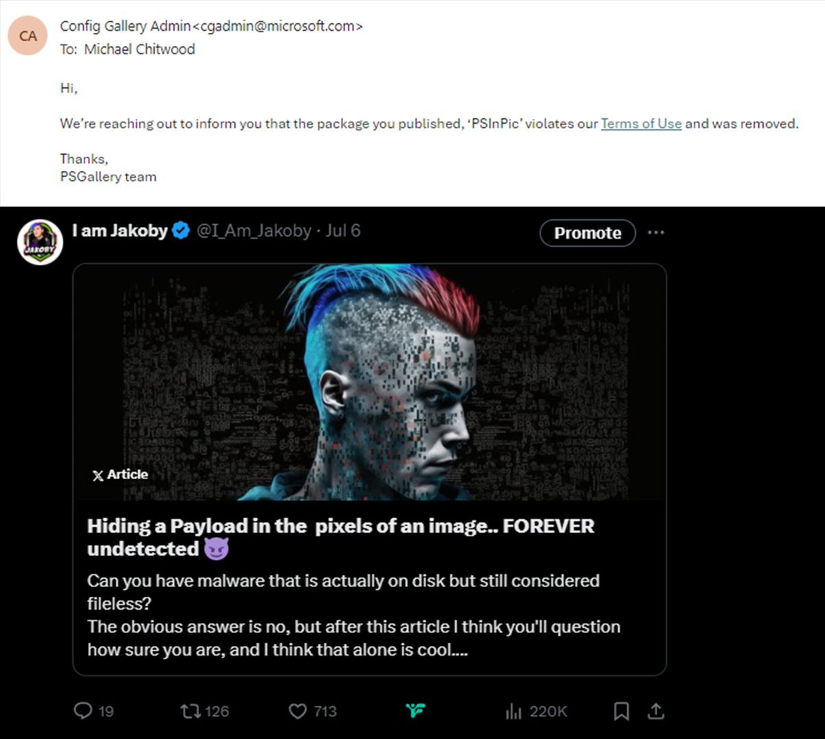 I_Am_Jakoby's tweet photo. So fucking cool, my last article got over 200k views! 

Not so fucking cool, microsoft deleted the module lol

I did everything in the wrong order and made things so much harder on myself. You guys GET YOUR CERTS. 

im big enough microsoft follows my every move, but credentialess and cant even land a junior pentesting job 

im wanting to try and go to WGU so i can start knocking these out myself finally. It's the smart play.

i also need to just finalize https://t.co/SfUfgkA51o
and host everything there 😁