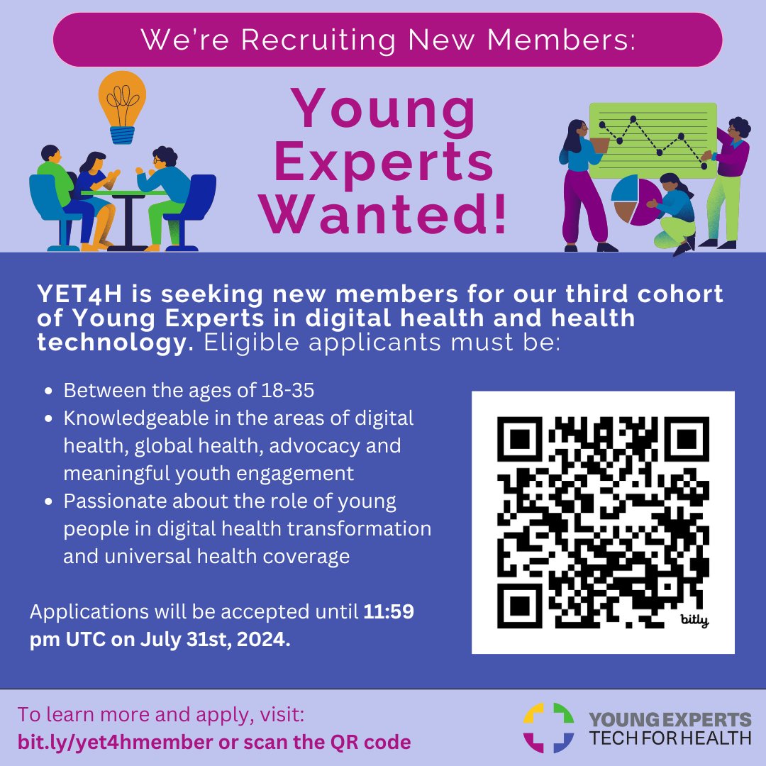 yet4uhc's tweet photo. 🌟 YET4H is seeking new members for our third cohort of Young Experts in digital health and health technology! 
If you're passionate about the role of young people in digital health transformation and universal health coverage, we want you! 🌐🩺✨

https://t.co/MGYmWz6bz2 https://t.co/koCNYzCjZr