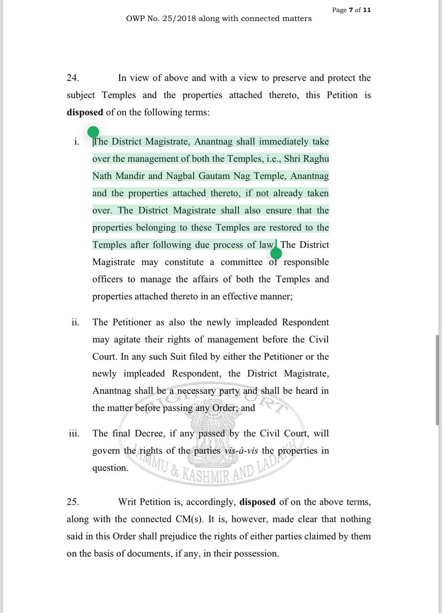 AdvVasudevSwain's tweet photo. A major breakthrough has been witnessed with regard to the reclamation of illegally occupied temple properties in J&K, more specifically Kashmir! The credit goes to the tireless work put in by learned officers of the Jammu & Kashmir Police and Sh. Mohsin-ul-Showkat Qadri (Sr. AAG) along with Adv. Ms Maha Majeed. 

The division bench of J&K High Court has clubbed all the matters relating to reservation and protection of temples and temple properties, which were either sold, sublet, leased, encroached , or unauthorisedly occupied from last three decades. 

It was noted that certain sections of Kashmiri Muslims on the basis of inducement of threat, or by way of pumping the unlawful earned money, have grabbed the Temple properties worth crores in the valley in connivance with insiders/ self styled Mahanta/ self-styled Pujaris. All of such transactions are sham and illegal transfer as the temple property cannot be sold, let alone be given to any third-party the way it has been done in the last three decades. 

Division bench of High Court has started hearing these matters which are clubbed and are hundreds in number. 

On Principal, honourable division bench of High Court has agreed on the basis of the submissions made by the respected Senior AAG to handover the possession of the temple & it’s immovable properties to state / DMs of respective districts who will take over from the miscreants whether insider or outsider . 

Govt has also been directed to retrieve the encroachments and illegally sold land to the third parties and restore the position to the temple and should be kept on the name  of Diety  .

This approach of the DB of High Court will govern the fate of over 400+ temples whose cases are pending and now the matter is listed to be decided w.r.t. the leftover cases on coming Thursday that is on 18th of July . 

It ought to be noted that the properties which were occupied and encroached directly /indirectly by Mian Qayoom (a terrorist enabling & sympathising advocate who himself terrorised the J&K Bar & is now in jail) at Bulbul Bagh Barzulla Srinagar, which actually belongs to Hanuman Mandir is also likely to be taken up by the hon’ble court in the coming weeks.

The current pronouncement has ordered for the properties belonging to 2 temples be restored without delay, and they are:

- Shri Raghu Nath Mandir
- Nagbal Gautam Nag Temple, Anantnag

Further, the judgement unequivocally states that the properties in question vest in the Deity and, therefore, are required to be managed in an effective and peaceful manner.

Should the judges of the hon’ble High Court give welcome judgments such as this, not only would it enable true reconciliation but ensure the preservation of the rich cultural heritage of Jammu & Kashmir. 

CC: @IndicMeenakshi @jsaideepak @ARanganathan72 @vikramsampath @Vishnu_Jain1 @adv_hsjain @DevalayaOrg
