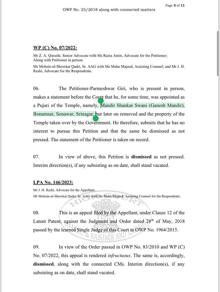 AdvVasudevSwain's tweet photo. A major breakthrough has been witnessed with regard to the reclamation of illegally occupied temple properties in J&K, more specifically Kashmir! The credit goes to the tireless work put in by learned officers of the Jammu & Kashmir Police and Sh. Mohsin-ul-Showkat Qadri (Sr. AAG) along with Adv. Ms Maha Majeed. 

The division bench of J&K High Court has clubbed all the matters relating to reservation and protection of temples and temple properties, which were either sold, sublet, leased, encroached , or unauthorisedly occupied from last three decades. 

It was noted that certain sections of Kashmiri Muslims on the basis of inducement of threat, or by way of pumping the unlawful earned money, have grabbed the Temple properties worth crores in the valley in connivance with insiders/ self styled Mahanta/ self-styled Pujaris. All of such transactions are sham and illegal transfer as the temple property cannot be sold, let alone be given to any third-party the way it has been done in the last three decades. 

Division bench of High Court has started hearing these matters which are clubbed and are hundreds in number. 

On Principal, honourable division bench of High Court has agreed on the basis of the submissions made by the respected Senior AAG to handover the possession of the temple & it’s immovable properties to state / DMs of respective districts who will take over from the miscreants whether insider or outsider . 

Govt has also been directed to retrieve the encroachments and illegally sold land to the third parties and restore the position to the temple and should be kept on the name  of Diety  .

This approach of the DB of High Court will govern the fate of over 400+ temples whose cases are pending and now the matter is listed to be decided w.r.t. the leftover cases on coming Thursday that is on 18th of July . 

It ought to be noted that the properties which were occupied and encroached directly /indirectly by Mian Qayoom (a terrorist enabling & sympathising advocate who himself terrorised the J&K Bar & is now in jail) at Bulbul Bagh Barzulla Srinagar, which actually belongs to Hanuman Mandir is also likely to be taken up by the hon’ble court in the coming weeks.

The current pronouncement has ordered for the properties belonging to 2 temples be restored without delay, and they are:

- Shri Raghu Nath Mandir
- Nagbal Gautam Nag Temple, Anantnag

Further, the judgement unequivocally states that the properties in question vest in the Deity and, therefore, are required to be managed in an effective and peaceful manner.

Should the judges of the hon’ble High Court give welcome judgments such as this, not only would it enable true reconciliation but ensure the preservation of the rich cultural heritage of Jammu & Kashmir. 

CC: @IndicMeenakshi @jsaideepak @ARanganathan72 @vikramsampath @Vishnu_Jain1 @adv_hsjain @DevalayaOrg