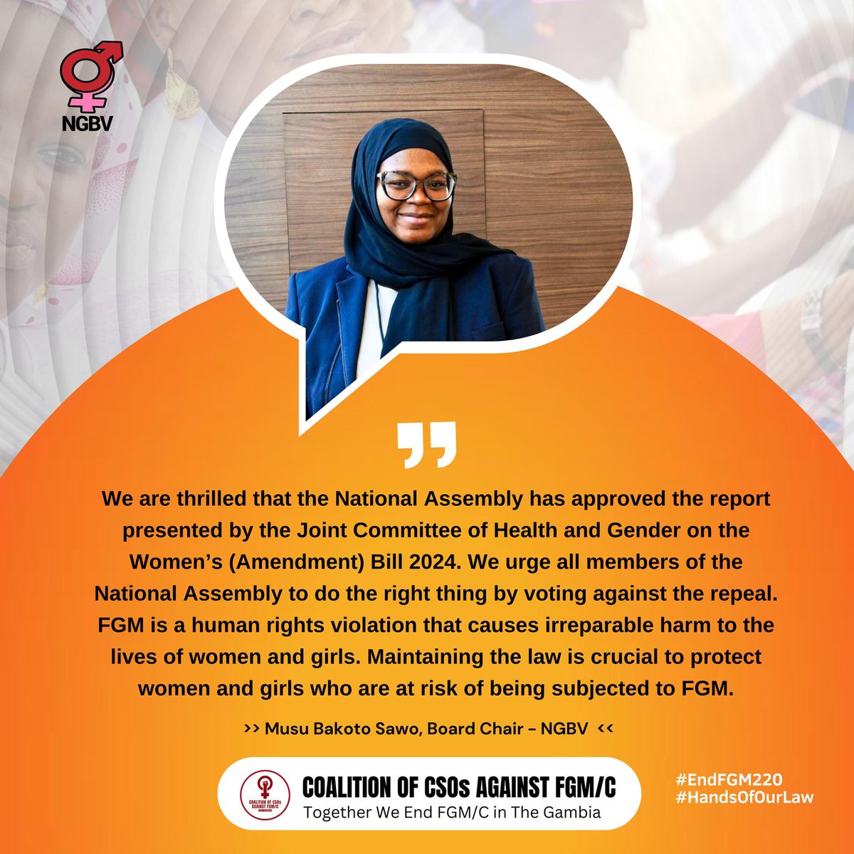 Repealing this law would undo years of progress in the fight against female genital mutilation, a practice that causes immense physical and psychological harm.

#EndFGM220 
#HandsOffOurLaw