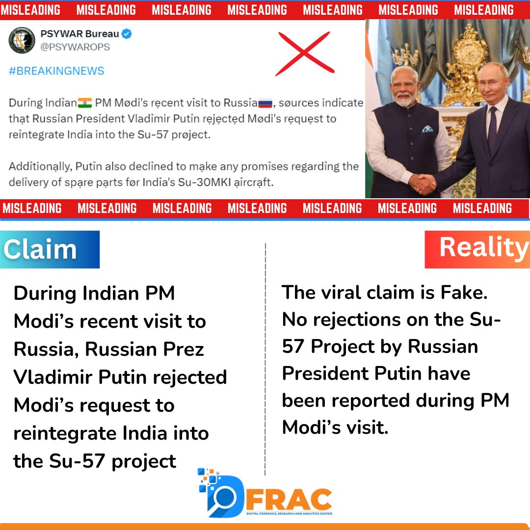 DFRAC_org's tweet photo. Fact Check: Fake Claim of Russian Prez Putin Rejects PM Modi’s Requests on Su-57 Project goes viral
#FactCheck #FakeNews #India #Russia #modirussiavisit https://t.co/Qlf4Mdvtnu