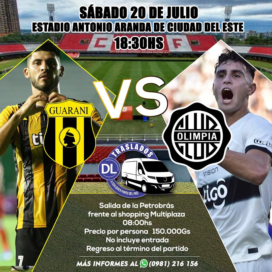 DLTraslados's tweet photo. Atención a todos los hinchas del fútbol que quieran viajar.

Estamos habilitando buses a CDE para el partido.

Más información al WhatsApp 📲 0981 216 156 https://t.co/N7yeIaCdS6