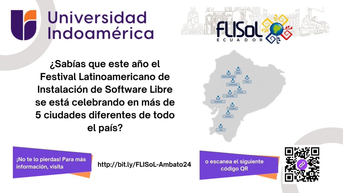 ¿Quieres ser parte de la comunidad de software libre más grande de Latinoamérica? Únete al FLISoL 2024 este 13 de julio en la Universidad Indoamérica. ¡Comparte tus ideas, aprende de expertos y conecta con otros apasionados por la tecnología <a href="/Uni_Indoamerica/">Universidad Indoamérica</a>  <a href="/UTecnicaAmbato/">Universidad Técnica de Ambato</a>