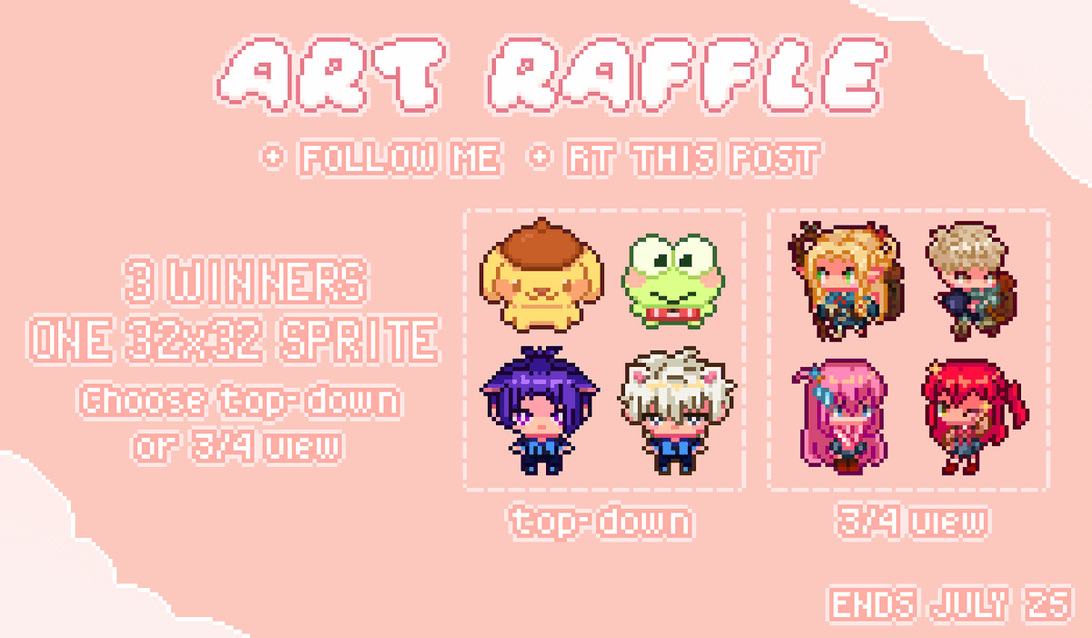 sleepycrea's tweet photo. ⋆˙⟡  i am hosting an #artraffle for hitting 300 !  thank you for all of the support 🥺 ⋆˙⟡

Rules:
✦ follow + rt 

Prize:
✦ 3 winners will each receive a 32x32 custom sprite of any character of your choice

Winners will be announced July 25 ! Good luck🌙 https://t.co/9Y014o7Hny