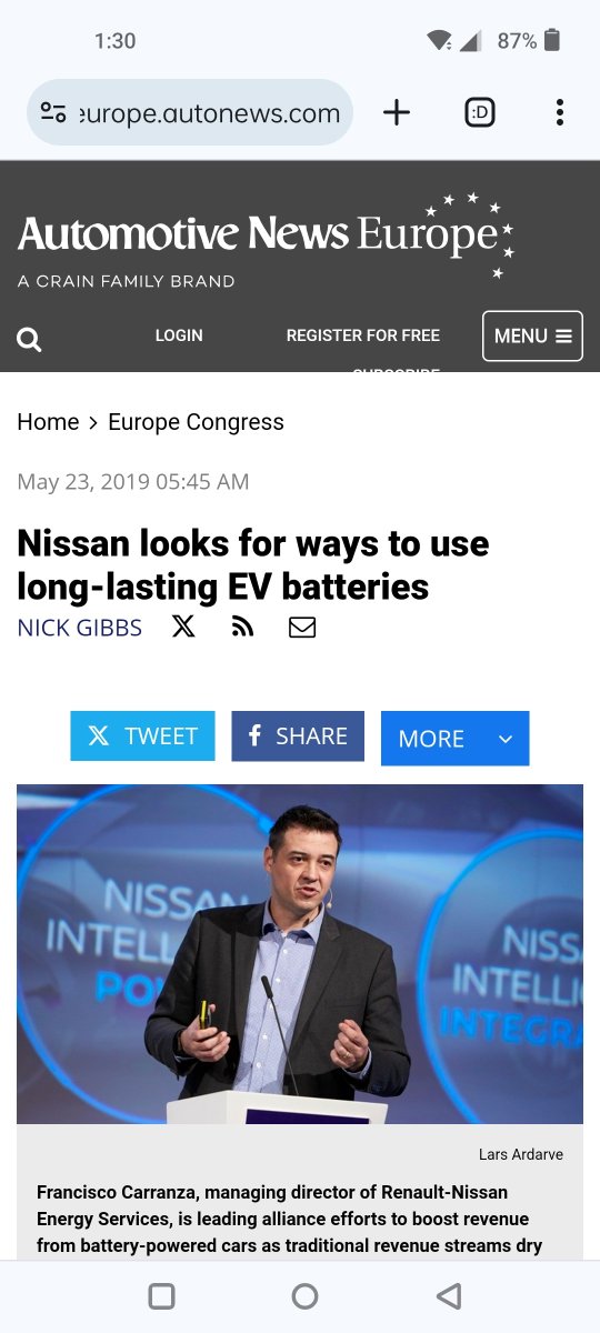 AmazingChevVolt's tweet photo. CLEAN ENERGY RETORT™ /
Hi Professor Moura | @ScottMoura! ⚡⚡⚡⚡⚡
This Is Thomas J. Thias,
( For My Credentials, Google My Name Like So: "Thomas J. Thias" ) A Globally Recognised #ElectricVehicle Expert, #EnergyTransition & #CleanDisruption ( Cr. @TonySeba 👀 ) Consultant Since 2009, 34 Years N. American #Automotive And Publisher Of @X News, Information And Opinion/Interactive #CleanEnergy Network, #CleanEnergyRETORT™, (@AmazingChevVolt), Since 2011.
I Was Recently A Guest Of The Lansing, Michigan @Turo Businessman And @Tesla #TeslaCyberTruck Owner, @DaBagBoy On An Epic #EVRoadTrip, #WithoutADropOfFuel In His #CyberTruck #ElectricPickUp To The Annual @TeslaOwnersMI #TeslaSummerMeetUp In Musk egon, Michigan, And A Hoot Was Had By All With Over 120 Teslas', 11 CT's And A Few Guest #EV's Present.
Even @TeardownTitan, @TeslaOwnersSV And @BeardedTesla, To Name A Few, Were There!
I Am Currently Watching The @BatteriesIncPod With You As Guest (Figs1/2) And I Am Now
Following You On X!
Interesting Conversation You Are Having With @TomMolog And Domenik Yoney, But All Seem To Be Over Focused On
That Very "Rare"
#TractionBattery Degradation, To Me, Almost To The Point Of Discouraging And Scaring The Potential #EV Newbee!!
As A Counterpoint To All Of You, Over Talking This, As I See It, A Rare Battery Usage Issue, Here Is @NissanEuropes' Statement, Published In @Automotive_News, European Edition, Back In 2019 Stating That The Air Cooled #NissanLEAF Batteries State Of Charge Usable Life Is Outlasting The Cars' Use By Over A Decade!!
MQ /
' GOTHENBURG, Sweden --
Data From @NissanEurope Shows The batteries Used By Its #LeafEV Will Outlast The Vehicle By 10-12 Years, Said Francisco Carranza, Managing Director Of Renault-Nissan | Europe.'
Source: @AutoNewsEurope / May 23, 2019 (Fig3)
https://t.co/uOS5eMYtFP