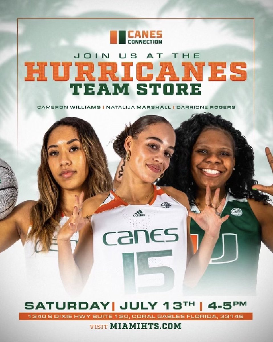 Come by and show your support! Pass by the Miami Hurricanes Team Store this Saturday from 4-5 p.m. to meet Cameron Williams, Natalija Marshall, and Darrione Marshall! Get to know our talented Canes Connection sisters, snap some photos, and get your Canes gear autographed.