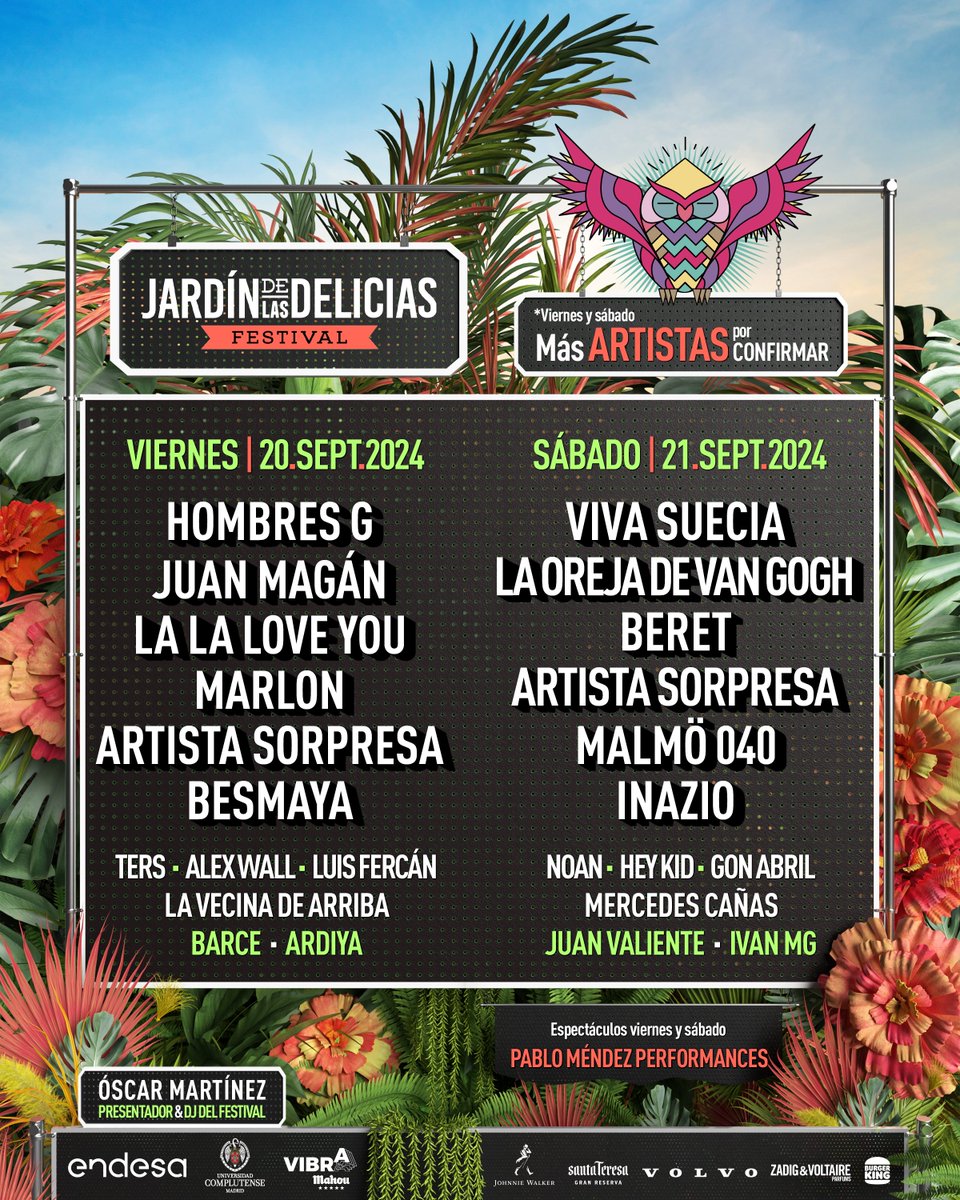 🌺¡NUEVAS CONFIRMACIONES!🌺 En el Escenario <a href="/Endesa/">endesa</a> nos cantaremos los temazos de <a href="/JuanMagan/">Juan Magán</a> el viernes y <a href="/laorejadevgogh/">La Oreja de Van Gogh</a> el sábado.

Consigue ya tu abono o entrada en 💥NUESTRA WEB jardindeliciasfestival.com/venta-entradas….

@vibramahou @endesa @endesamusiclove
