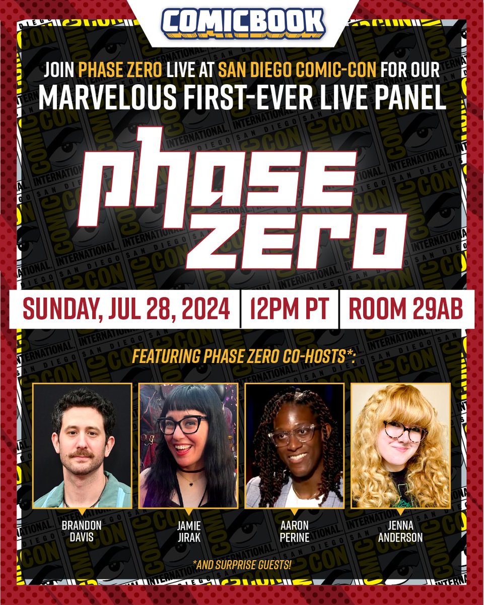 PhaseZeroCB's tweet photo. Phase Zero is officially going to SDCC!

Join our first San Diego Comic-Con panel on Sunday 12pm PT in room 29AB!

BD, Jenna, Aaron, and Jamie (and surprise guests👀) will discuss the MCU, working in entertainment media, and so much more!

See you in San Diego! https://t.co/oj4lrWtX1b