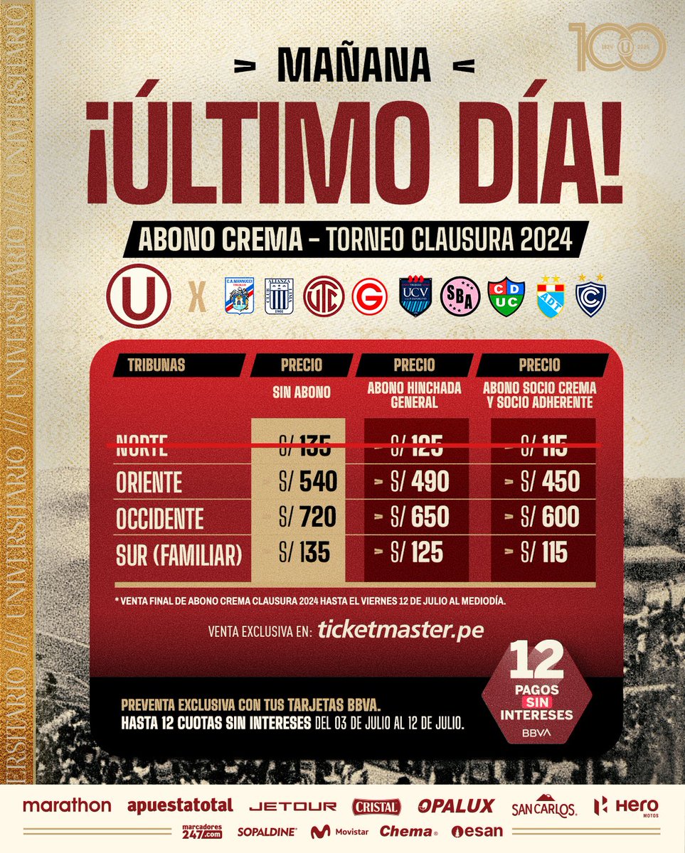 Universitario's tweet photo. 𝗣𝗜𝗡𝗧𝗘𝗠𝗢𝗦 𝗗𝗘 𝗖𝗥𝗘𝗠𝗔 𝗘𝗟 𝗖𝗟𝗔Ⓤ𝗦𝗨𝗥𝗔 💛❤️

Hincha crema, recuerda que solo tienes hasta mañana para asegurar tu abono a todos nuestros partidos de local del Clausura 2️⃣0️⃣2️⃣4️⃣.

¡Que fecha a fecha las tribunas sean una fiesta! ▶️ https://t.co/FVE33Wcs7T

#Los100DelÚnicoGrande