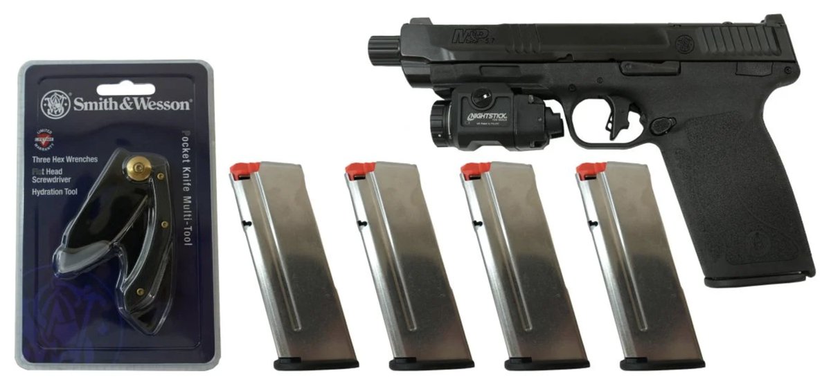 Mrgunsngear's tweet image. Smith &amp;amp; Wesson optics ready 22+1 M&amp;amp;P5.7 with threaded Tempo barrel/gas system, 5x magazines, NightStick weapon light, and folding knife for $619 shipped currently here: mrgunsngear.org/4eWyKgy

Review is up; in stock as of this post 🇺🇸