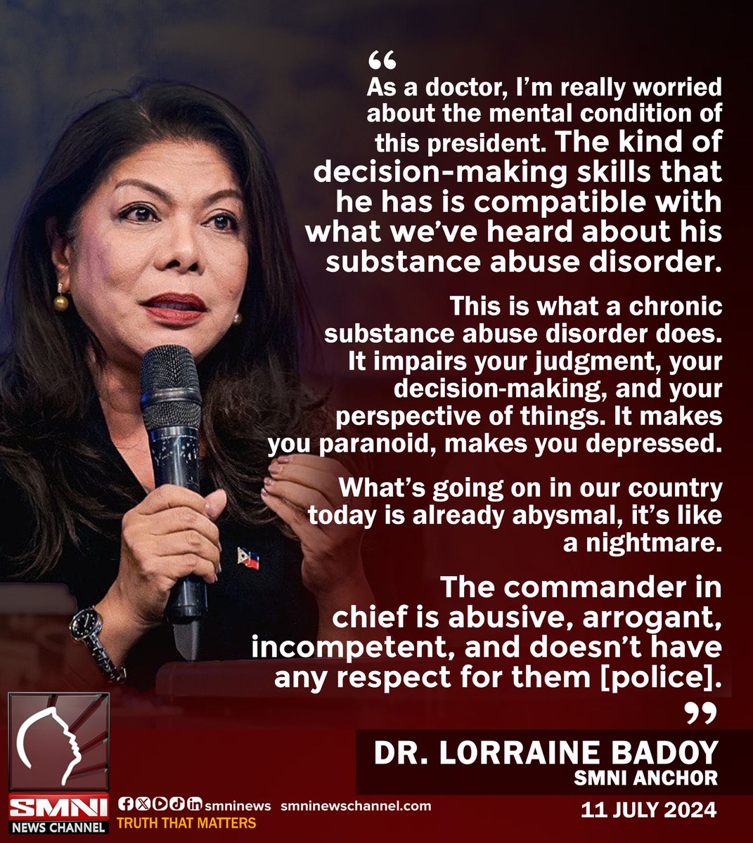 smninews's tweet photo. Epekto ng substance a b u s e diumano ni PBBM, nakikita na sa kanyang mga gawa?  —Dr. Lorraine Badoy https://t.co/ToRcnEij9h