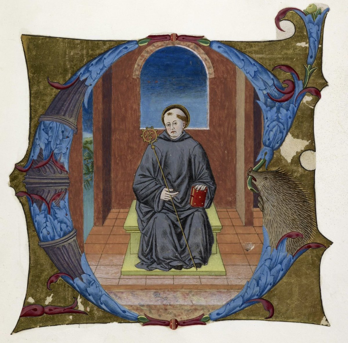 red_loeb's tweet photo. Today  is  the  feast  of  St  Benedict. Here  is  St Benedict with  a hedgehog. 🦔

BL Add MS 39636; Gradual; 3rd quarter of the 15th century; Italy (Lombardy); f.13r @BLMedieval https://t.co/SBdcCUEa8F