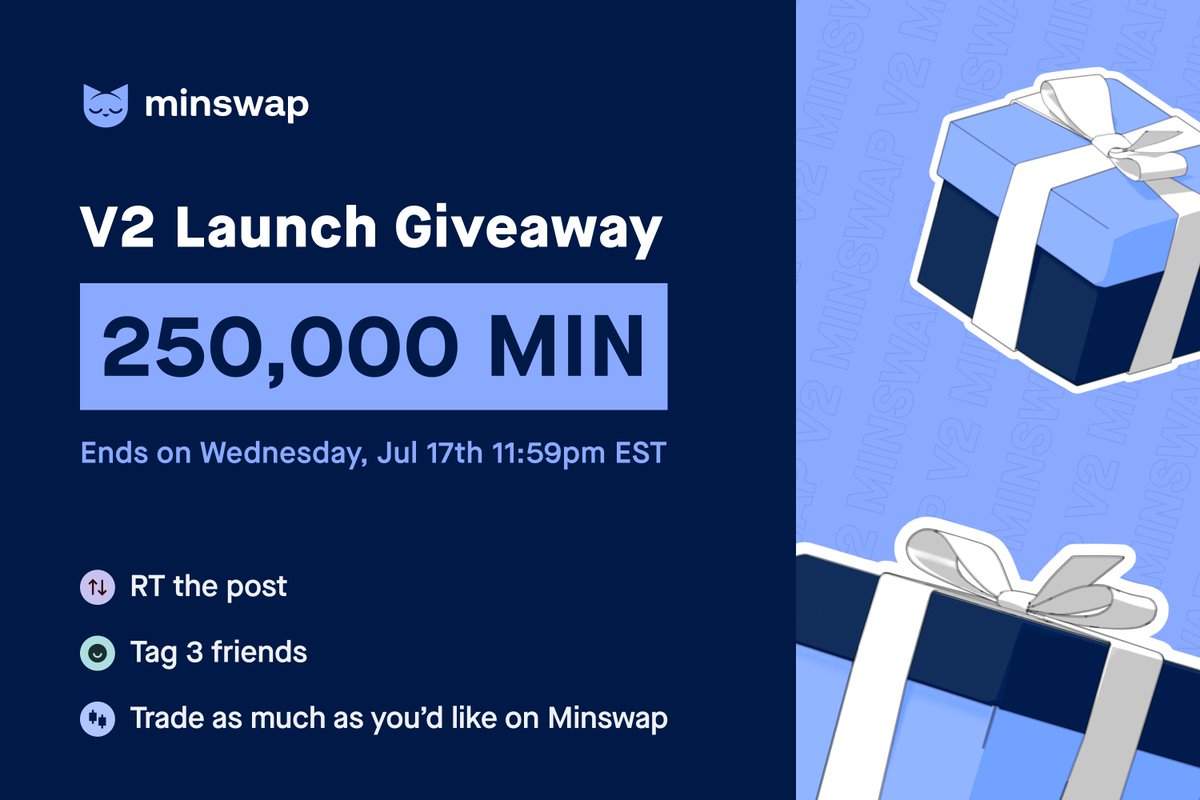 MinswapDEX's tweet image. 1/ Who's ready to win BIG?😉 

📢 We're celebrating the V2 launch with a massive 250,000 $MIN giveaway! 

How to win ? 🎁

1️⃣ Like this tweet &amp;amp; RT 👍
2️⃣ Tag @ 3 friends✨ 
3️⃣ Trade on Minswap ➜  app.minswap.org