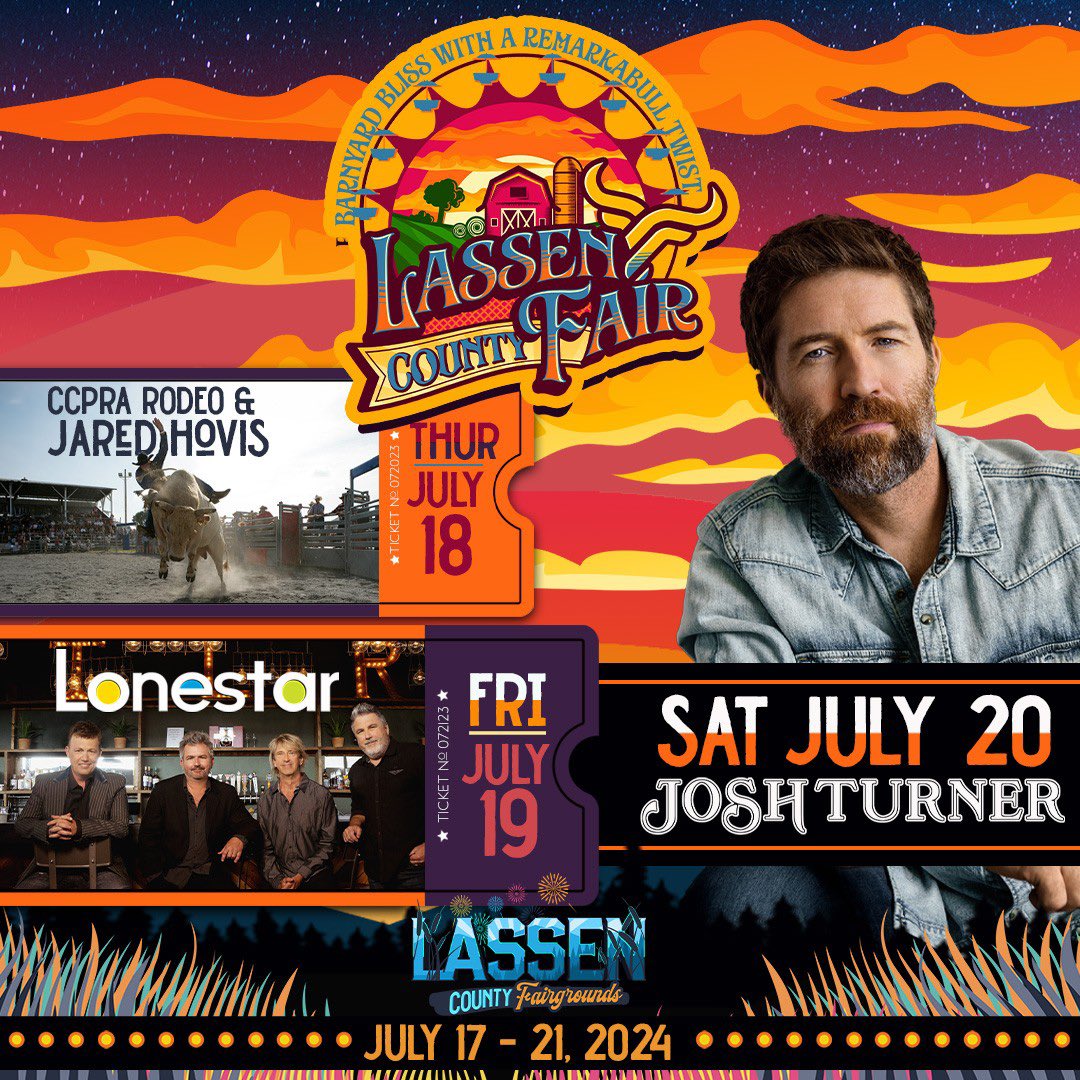 LassenCFair's tweet photo. We are one week out from the official kick off to the Lassen County Fair!🎡 This is 5 days of music &amp; adventure featuring performances by country music stars @joshturnermusic and @lonestarband 🎤&amp; so much more!🎢🥧🐂🏁Get your tickets at https://t.co/wtdZO8aAuf #LassenCountyFair https://t.co/xOBQ0WBCIS