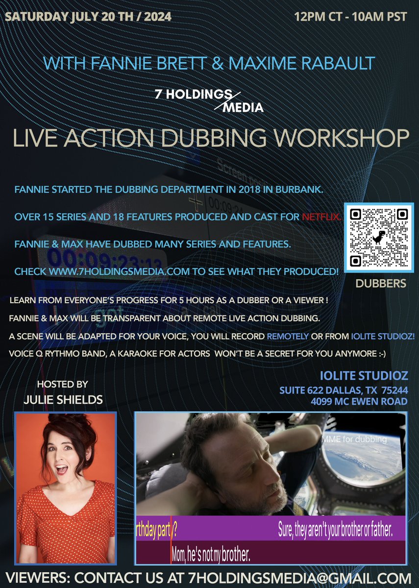 MAX_7HM (@max_7hm) on Twitter photo Our next workshop is Saturday 20th, join us on site or remotely.
Book your spot now:
-DUBBERS: calendly.com/max-7hm/live-a…
-VIEWERS: contact us at 7holdingsmedia@gmail.com
#7hm #iolite #dubbing #workshop #liveaction #coaching #remote #voices #2024 Our next workshop is Saturday 20th, join us on site or remotely.
Book your spot now:
-DUBBERS: calendly.com/max-7hm/live-a…
-VIEWERS: contact us at 7holdingsmedia@gmail.com
#7hm #iolite #dubbing #workshop #liveaction #coaching #remote #voices #2024