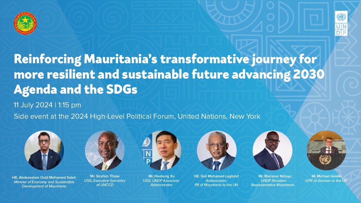 #HappeningNow

Join us for a conversation on #Mauritania’s green transition at #HLPF2024, with:
🔸<a href="/ibrahimthiaw/">Ibrahim Thiaw</a>
🔸 <a href="/HaoliangXu/">Haoliang Xu</a> 
🔸<a href="/mans_undp/">Mansour Ndiaye</a> 
🔸 HE Abdessalam Ould Mohamed Saleh
🔸 Amb Laghdaf @MauritaniaUn 

webtv.un.org/en/asset/k1x/k…