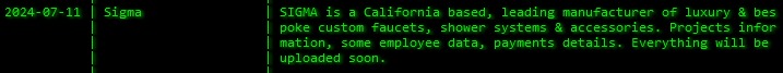 FalconFeedsio's tweet photo. 🚨 Akira Ransomware Alert 🚨

Sigma Faucets 🇺🇸

Sigma Faucets, a company in the Consumer Goods sector in the USA, has fallen victim to Akira ransomware. The group claims to have access to organization data, including project information, some employee data, and payment details.

#USA 
#akira #Ransomware #DataBreach #CyberAttack #Darkweb #infosec