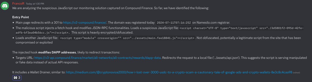First results from <a href="/coinspect/">Coinspect Security</a> investigation into <a href="/compoundfinance/">Compound Labs</a> compromise: