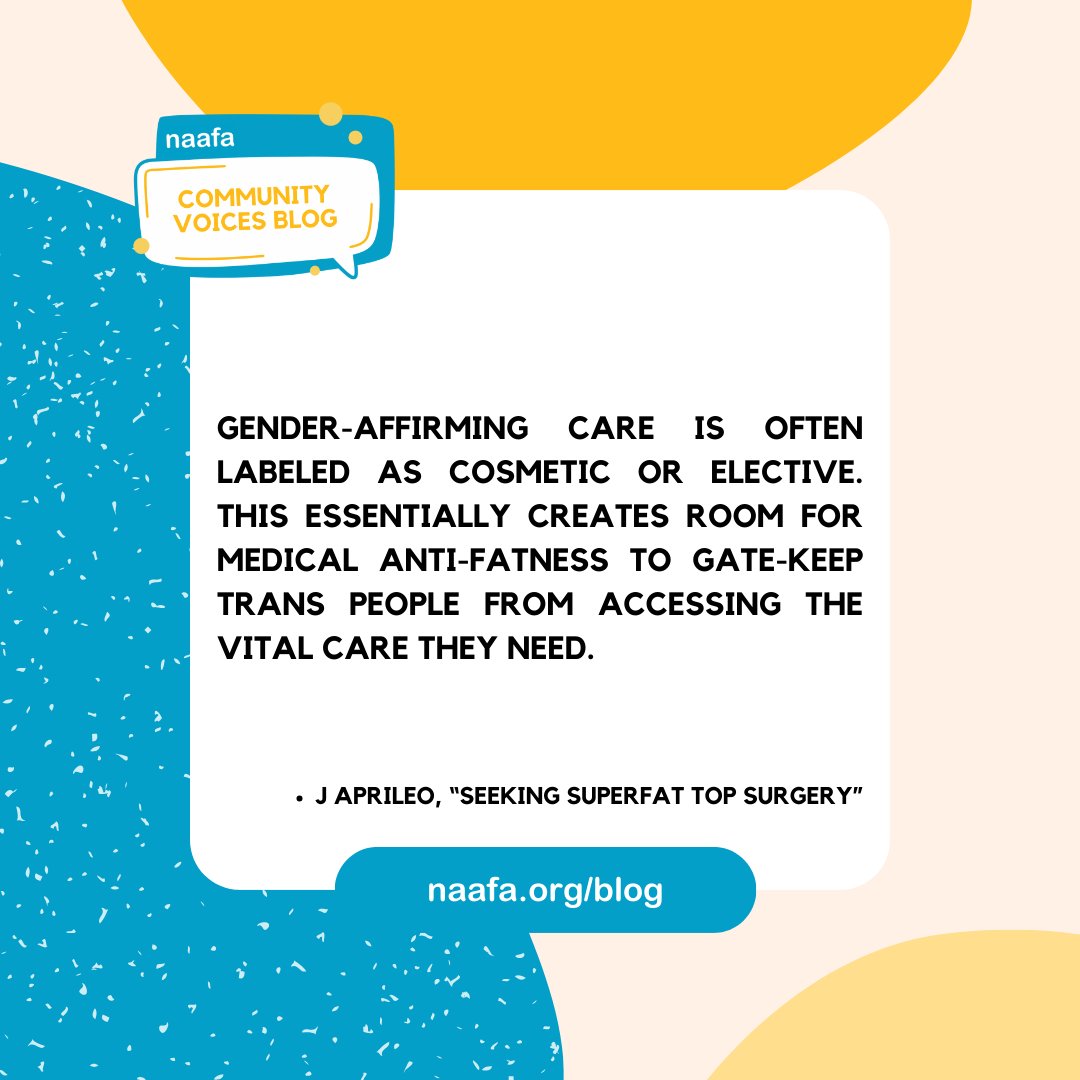 NAAFAofficial's tweet photo. The #NAAFA #CommunityVoices Blog relaunches TODAY with a personal essay by #superfat body liberationist &amp; writer J Aprileo (@jayaprileo) about the process of seeking top surgery as a superfat, non-binary person.

https://t.co/oLxNZYeg12

#NAAFABlog #FatLiberation #SizeFreedom https://t.co/GTYZ1it5jG
