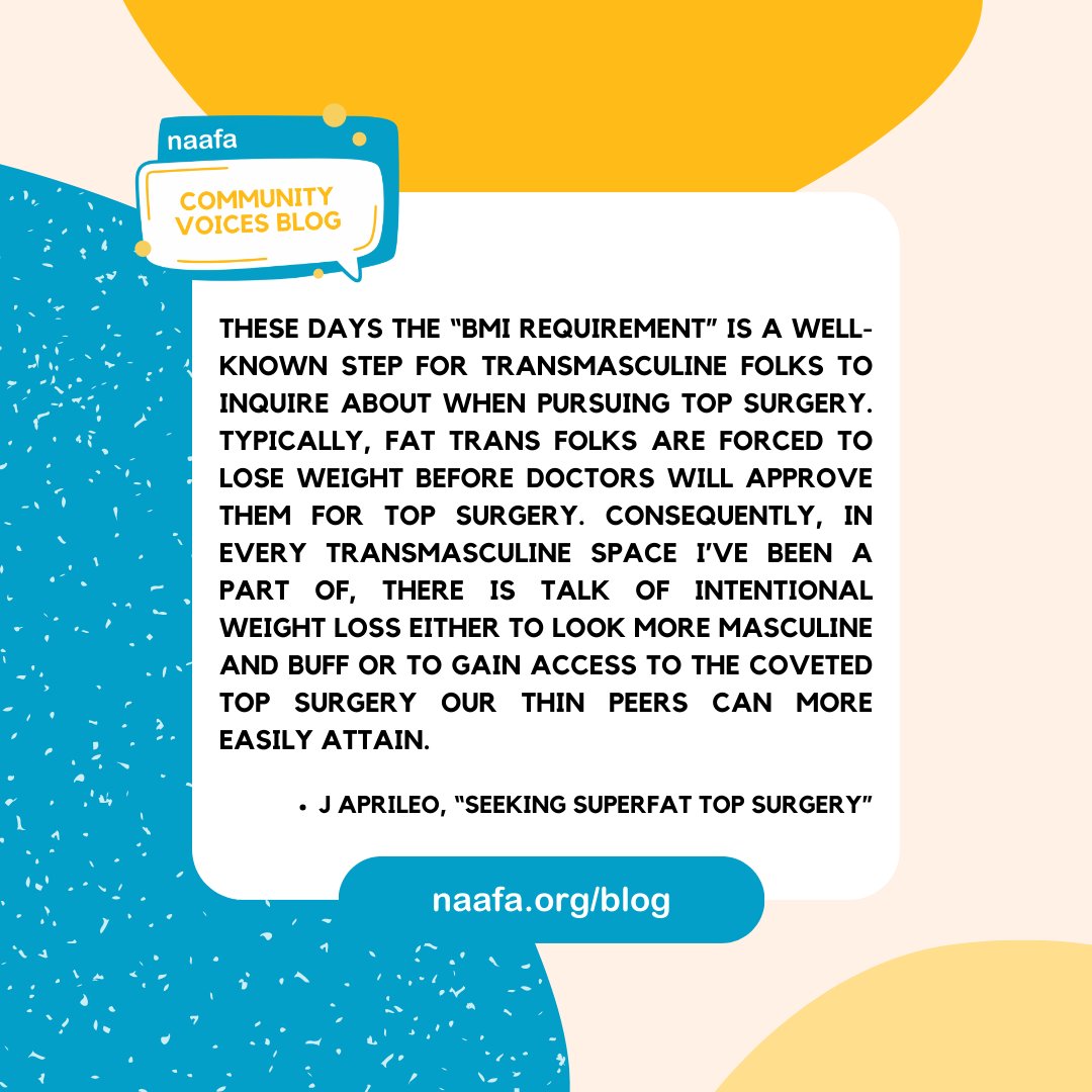 NAAFAofficial's tweet photo. The #NAAFA #CommunityVoices Blog relaunches TODAY with a personal essay by #superfat body liberationist &amp; writer J Aprileo (@jayaprileo) about the process of seeking top surgery as a superfat, non-binary person.

https://t.co/oLxNZYeg12

#NAAFABlog #FatLiberation #SizeFreedom https://t.co/GTYZ1it5jG