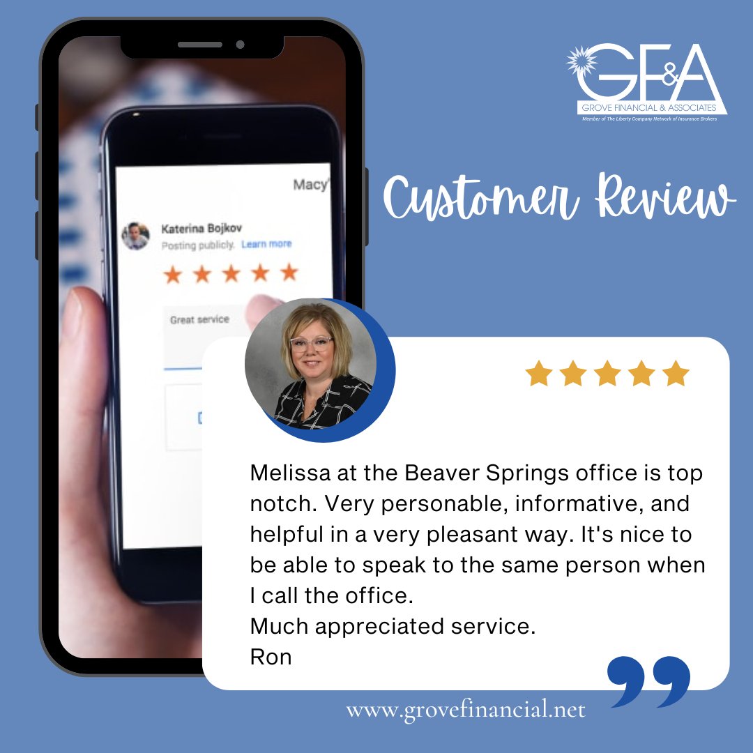 financial_grove's tweet photo. This โญโญโญโญโญGoogle review just came in and we thought we would share it with you!
Thank you to Melissa, our Personal Lines Account Manager, for providing such a great experience!
#GFA #Libertypartner #googlereview #customerservice https://t.co/8pr6pCFS3b
