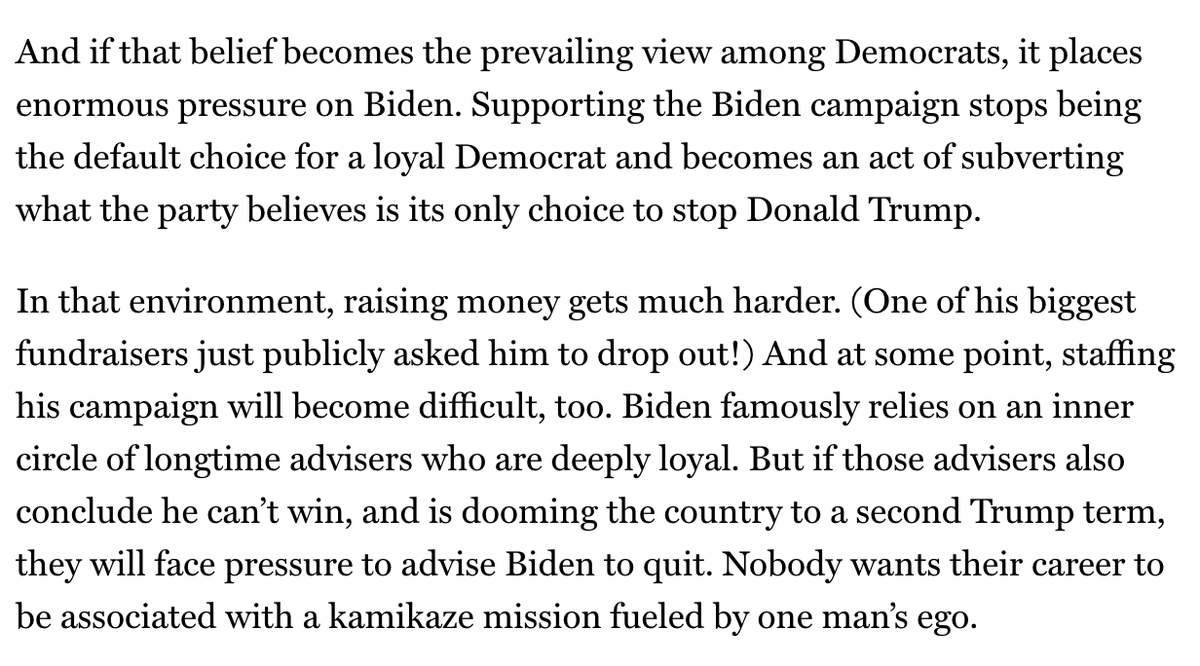 jonathanchait's tweet photo. The reports today follow the scenario I described yesterday for Biden getting squeezed out: Democrats conclude Biden can't win, eventually his own staffers agree. https://t.co/e3JVMjFiVj https://t.co/A9VupZuCyo