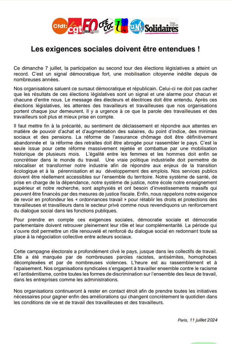 Communiqué Intersyndical dont nous sommes signataires avec la CGT, CFDT, CFE-CGC, FSU, Fo et UNSA: Les exigences sociales doivent être entendues!
Il y a urgence à mettre fin à la précarité, au sentiment de déclassement et répondre aux attentes en matière d’augmentation des