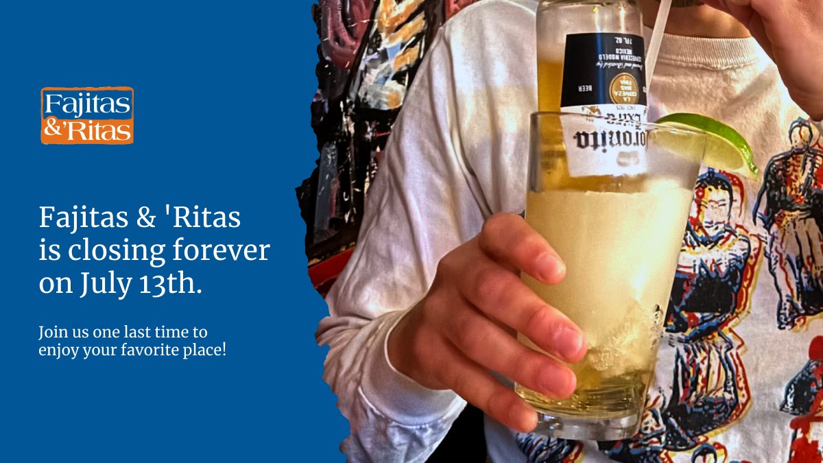 🌟 Today is National Cheer Up The Lonely Day! Invite a friend to enjoy our iconic CoronaRita—a margarita topped with Corona.

As Fajitas &amp; 'Ritas closes forever on July 13th, let's celebrate 35 incredible years by lifting spirits and sharing good times. Cheers! 🍻