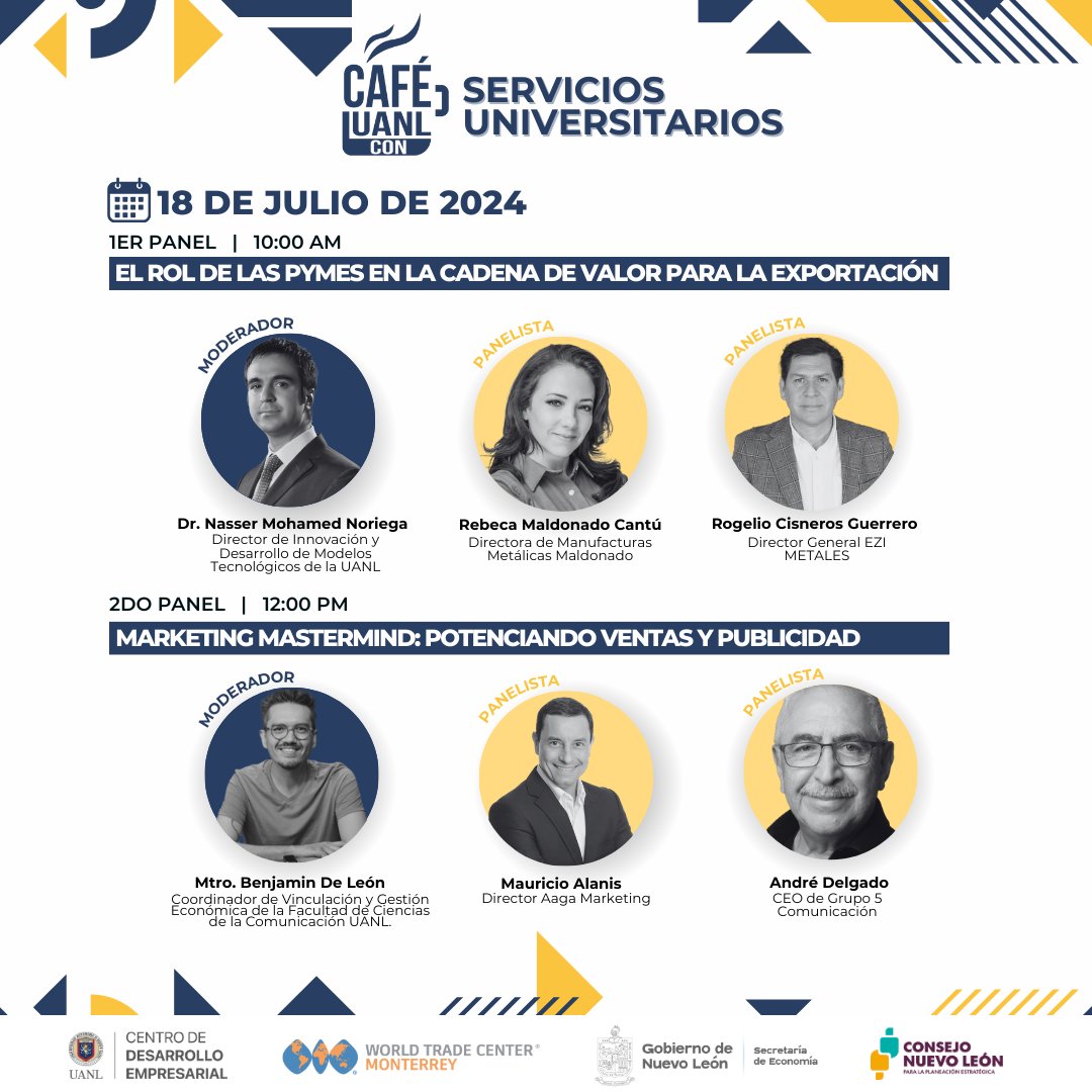¡Atención, PYMES! 📢🎓

Asiste al Café <a href="/UANL/">UANL</a> con Servicios Universitarios, y únete a nuestros paneles de discusión:

Te esperamos el 18 de julio de 9:00 a 13:00 hrs. en la Facultad de Ciencias de la Comunicación UANL. 📅👥

🔗 ¡Inscríbete aquí! wtcmonterrey.wixsite.com/cafescon