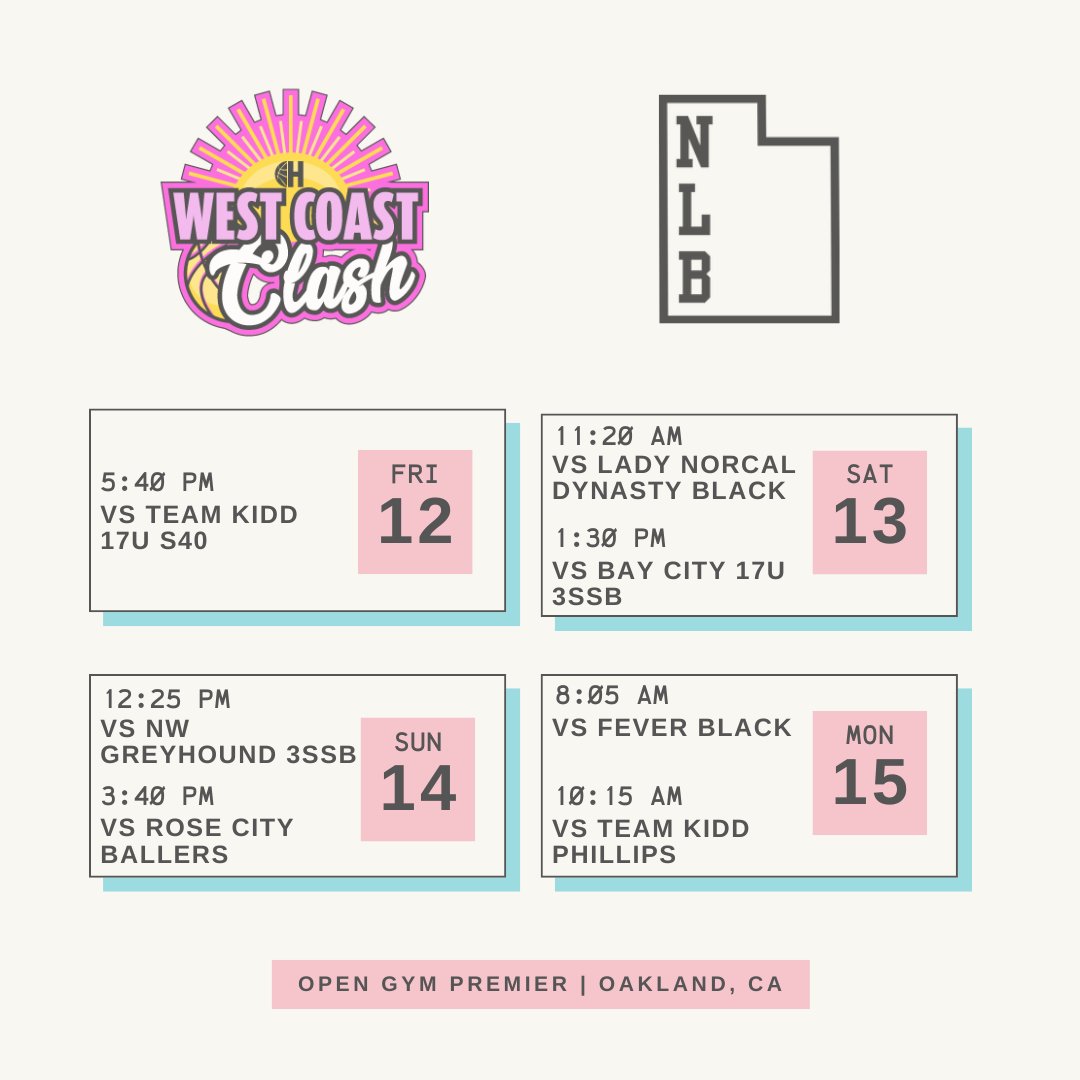 Updated schedule for the <a href="/Hypeherhoops1/">Hype Her Hoops</a> West Coast Clash tournament this weekend in Oakland, California! Games will be streamed on <a href="/BallerTV/">BallerTV</a>