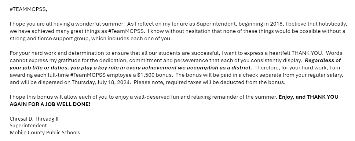 Summertime BONUS money for fulltime Mobile County Public School Employees to the tune of $15-hundred dollars!
<a href="/WKRG/">WKRG</a>  <a href="/MCPS/">MCPS</a>