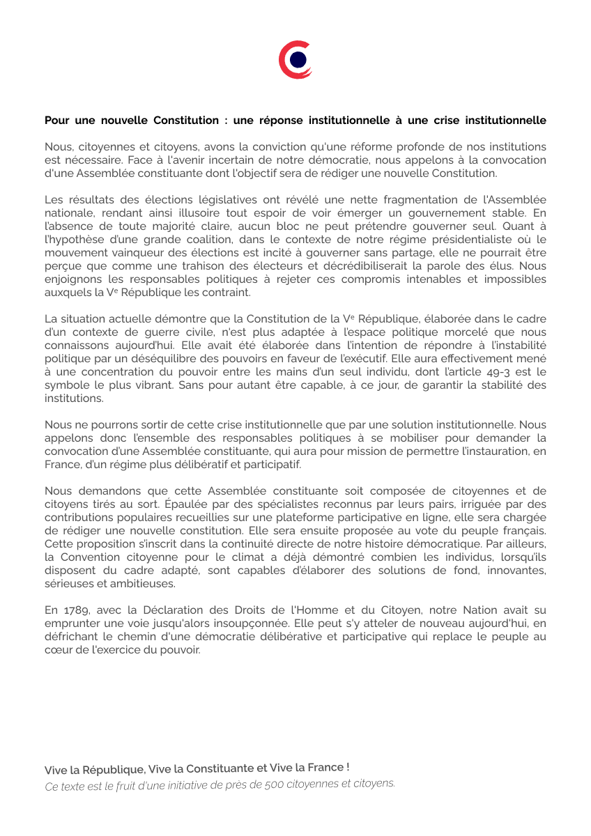 Constituante24's tweet photo. Des citoyennes et des citoyens se sont rassemblés pour appeler, via une pétition, à la convocation d'une assemblée constituante, seule solution durable à la crise institutionnelle actuelle.

Signez la pétition sur notre site https://t.co/iHkENBmgQx

#constituante2024 https://t.co/gC2x8BIvHR