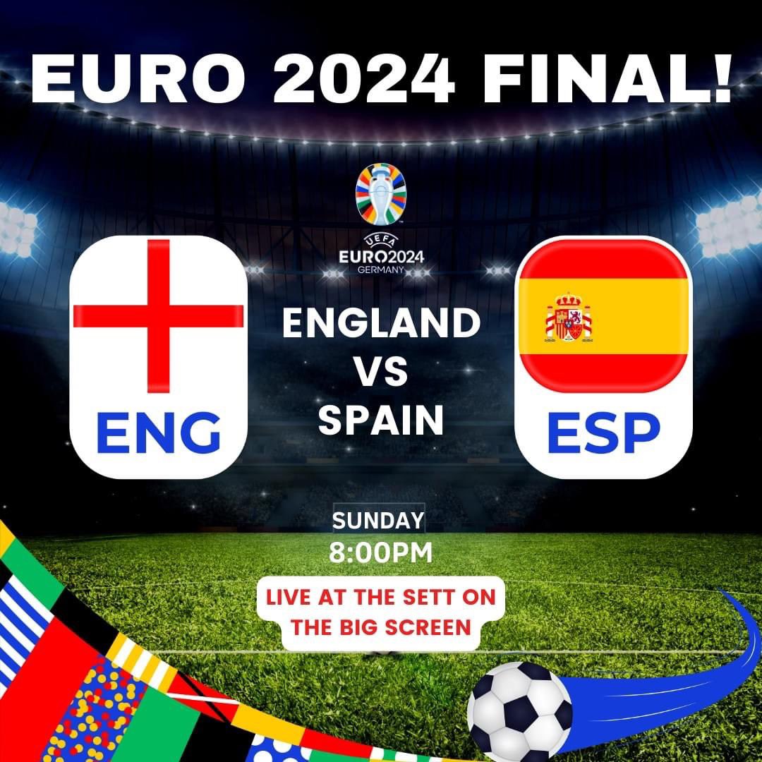 We look forward to welcoming you to The Sett on Sunday for the Euro 2024 FINAL on the BIG screen.

Join us for an amazing atmosphere as we cheer England to victory!

We’ll be open from 5pm, don’t miss out!

🍟🍧🥤🍺⚽️🏆
#Euro2024 #FootballFinal #SupportLocal #TheSett