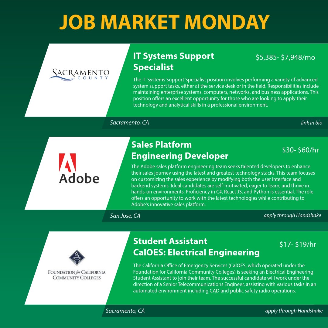 SacStateECS's tweet image. Happy Job Market Monday! See this week's job opportunities!